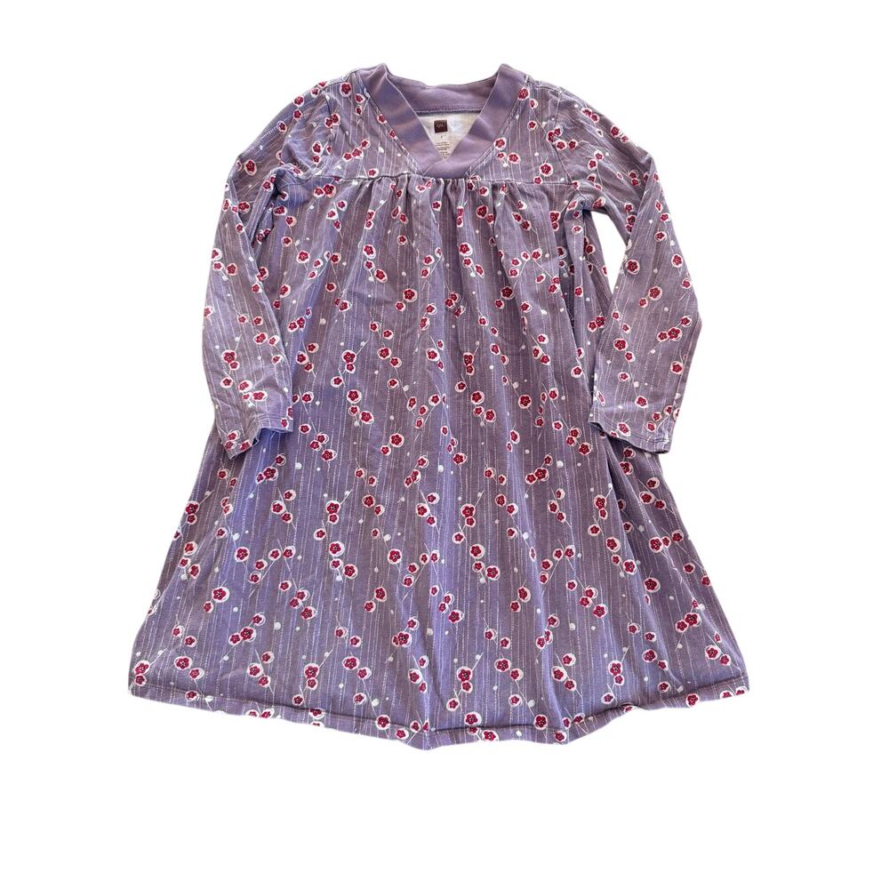 Tea Collection Girls Purple Cherry Blossom V-Neck Swing Dress Size 7